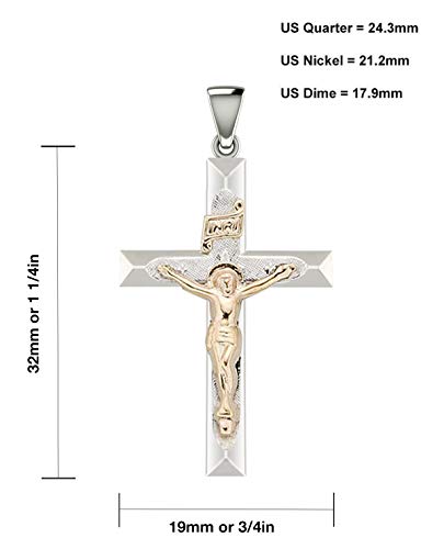 US Jewels Solid 925 Sterling Silver & 14k Gold Crucifix Cross Pendant Necklace, 32mm3