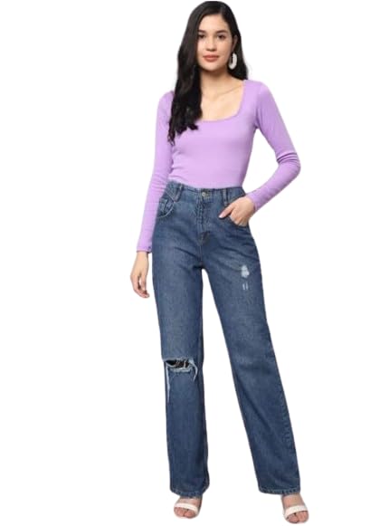 Style SYCON Stylish Deep Neck Square Neck Round Edges Ribbed Top for Women - Trendy Full Sleeve Casual Wear