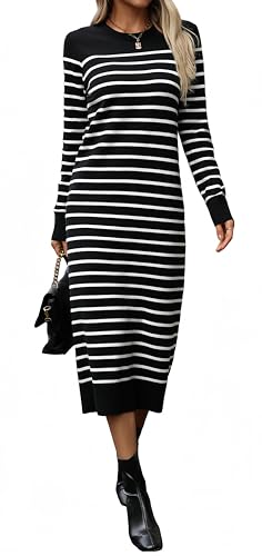 Image of Long Sweater Dress for Women Loose Knitwear Striped Long Dresses Stylish Autumn and Winter Outfits
