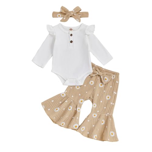 Newborn Baby Girl Fall Clothes Ruffle Romper Long Sleeve Onesie Daisy Print Flared Pants Set Headband Clothes Set