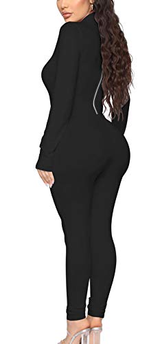 GOBLES Women's Sexy Long Sleeve Front Zipper Mock Neck Bodycon Jumpsuit Rompers Black