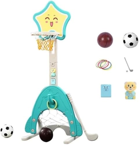 ミニ 6in1バスケットゴール 子供用 プレゼント ギフトボックス 贈り物 バスケットボール サッカー ゴルフ 輪投げ ストーリーマシーン 誘導オルゴール 高さ調整可能 室内 屋外用 (濃い緑色の星,フープ + ゴルフ + センサーミュージック + ストー