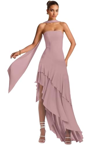 Strapless Bridesmaid Dresses with Scarf 2025 Chiffon Ruffle Prom Dress Long Formal Wedding Guest Dress