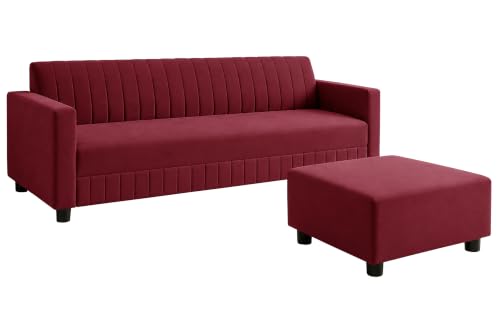 Image of 3 Seater Velvet Sofa with Ottoman | Modern Upholstered Couch | Comfortable Living Room Sofa | Durable & Stylish Seating for Home, Office & Guest Room - Red Color