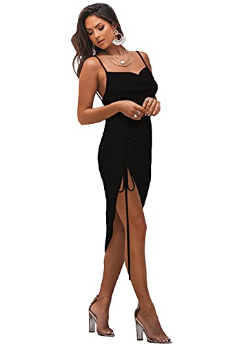 Image of LYANER Women's Satin Spaghetti Straps Cowl Neck Sexy Ruch Cocktail Midi Dresses
