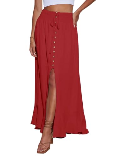 Image of Minclouse Women's Elastic Tie Waist Button Down Maxi Skirts Casual Loose Flowy Swing Slit Front Dress