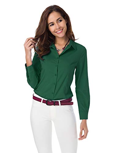 Atnlewhi Damen Bluse Hemd Basic Kent-Kragen Langarm Stretch Leisure Formelle Casual Business Arbeit Elegant Hemden - Dunkelgrün - XL