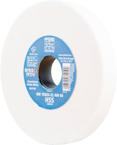 PFERD TOOLS Schleifbockscheibe HSS, 150x20x32, A60, 39008424 – Mittelharte Schleifscheibe zum Schärfen von HSS-Bohrern, mit Reduzierhülsen (25/20/16mm)