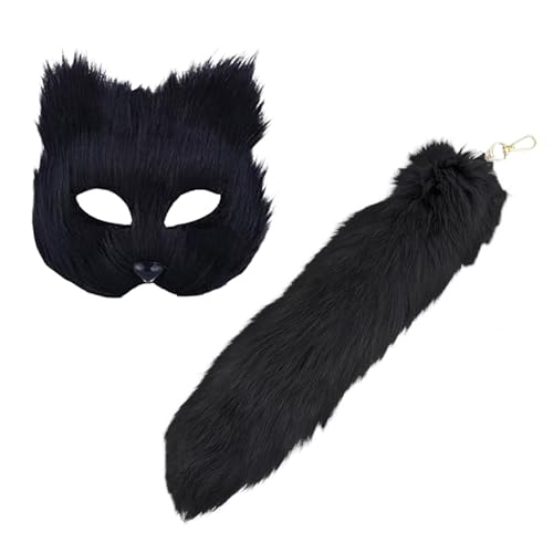 Hyuetrsa Wolf Therian Mask Therian Set Fox Masquerade Mask and Tail for Women Halloween Costume Wolf Furry Cat Costume Set for Cosplay Fancy Party Black