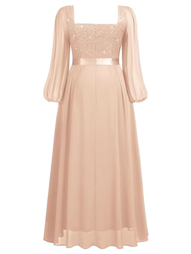 Image of MISSMAY Women's Plus Size Sequin Lace Square V Neck Sheer Long Sleeves Formal Evening Chiffon Long Dress