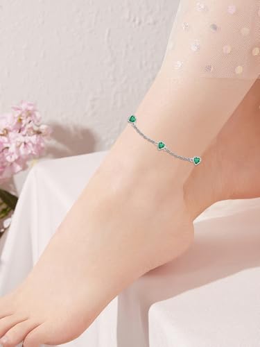 Image of Dorunmo Heart Birthstone Bracelets 925 Sterling Silver Round Birthstone Anklet for Women Birthday Jewelry Gifts for Girlfriend Wife Mother Her