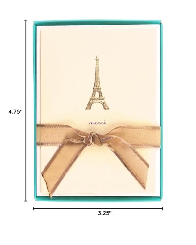 Image of Graphique Eiffel Tower Merci Notecards - 10 Embossed Gold Foil Blank Cards with Envelopes - Boxed Set - 3.25 inch x 4.75 inch