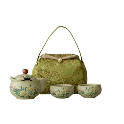 KOGB 茶器セット、陶器 、収納バッグ付き、お手入れ簡単 、軽量で持ち運びに便利 、コンパクト お出かけ用 アウトドア、ホーム、茶器ギフト (ハイビスカスの花のティーポットとカップ2個セット)