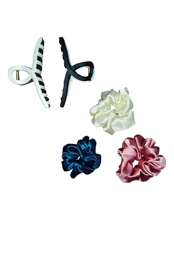 Image of Satin silk scrunchie 3 Pcs And Hair Claw Clip 2 Pcs Combo Women And Girls Non Slip Strong Hold Neutral Matte Hair Accessories Multicolor