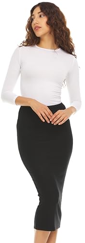 Ribbed Midi Skirt with Elastic Waist for Women- Office Pencil Skirt4