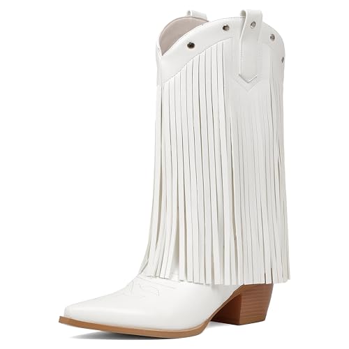 ElegaStep Women's Fringe Cowboy Boots Mid-Calf Ridding Cowgirl Boots Pull On Western Boots White 38