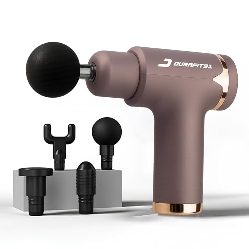 Durafit91 PULSE PRO Handy Deep Tissue Massage Gun for Full-Body Pain Relief, Rechargeable and Cordless with a 3000mAh Battery | 6 Speed Intensities (Low to High) | Includes 4 Interchangeable Massage Heads for Various Muscle Relaxation Needs (Neck, Shoulder, Back, and Foot) for Men and Women | Suitable for Use at Home, the Gym, and During Travel (Purple)