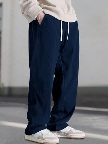 Image of Pinkmint Men's Stretchable Ribbed Track Pants | Poly Lycra Relaxed Fit Trousers | Elastic Waist Drawstring Joggers | Casual, Gym, Lounge Wear for Men