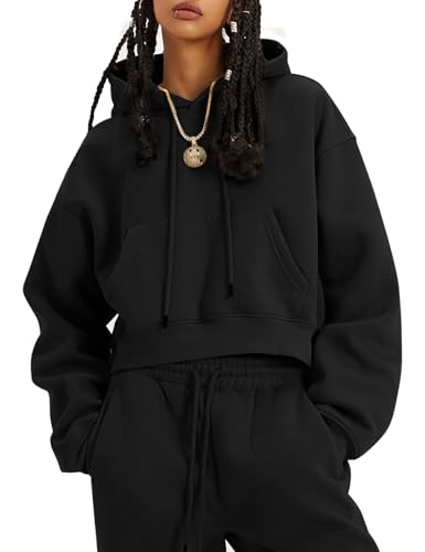 Flygo Womens Fleece Hoodie Sweatshirt Cropped Drawstring Hooded Crop Tops Pullover with Kangaroo Pocket(Black-M)