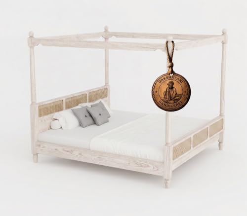 Image of Sheesham Solid Wood Allure Poster Bed for Bedroom | Handmade Wooden Cot | Elegant Four Poster King Size Bed Frame (Rustic White, Queen, Allure (Cane 1))