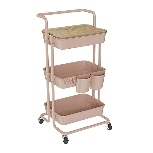 Image of DTK 3 Tier Rolling Utility Cart with Cover Top Board, Movable Kitchen Storage Cart Trolley with Lockable Wheels, Cups, Hooks for Kitchen Bathroom Home Office Art Craft Storage and Organization(Pink)
