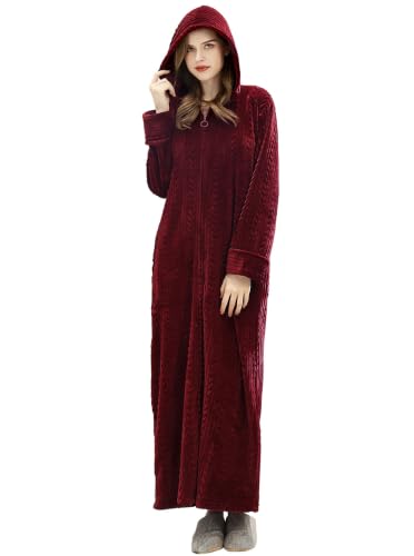 ZFSOCK Damen Morgenmantel Shaggy Extra Lang Flauschig mit Reissverschluss Kapuze Bademantel Plüsch Flanell Microfaser Fleece Winter Cozy Warm Weich Wadenlang Bodenlang Weinrot Loungewear Bordeaux