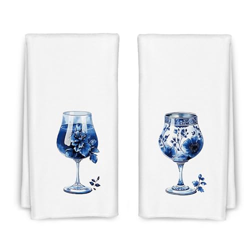 CIOJUNE Chinoiserie Wine Glass Kitchen Towels Set of 2 - Wine Glass Decor,Blue and White Kitchen Decor Towels for Bathroom, Floral Towels,Blue Dish Towels 16x24