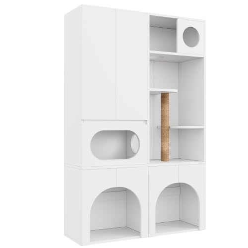 Armario de arena de 195 cm, 2 bandejas con rascador sisal, color blanco