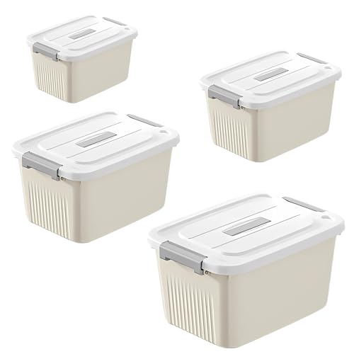 Image of KREPS Plastic Storage Bins With Latching Lids Stackable Containers, Large Storage Box For Bedroom, Basement, Classroom, Camping, Office (CREAM, COMBO SET, PACK OF - 1)