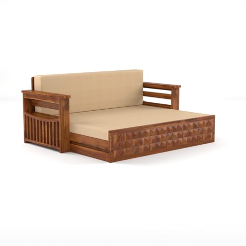 Image of Sheesham Wood Sofa Cum Bed with Mattress - 3 Seater Wooden Sofa Bed for Living Room | Solid Wood Convertible Diwan Couch with Side Storage (Design 2)