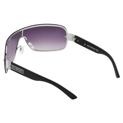 Image of Rocawear R1527 Metal Shield UV400 Protective Rectangular Sunglasses. Gifts for Men with Flair, 142 mm, Silver & Black