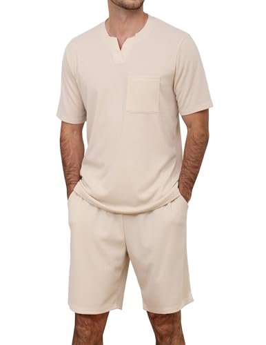 Image of JiniGolla Mens Pajamas Set Soft Short Sleeve Top and Pant Loungewear Sets 2 Piece Pjs with Pockets