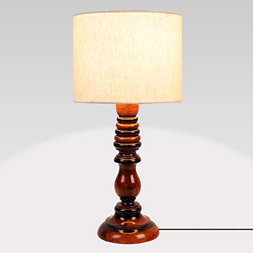 Image of tu casa Off White Cotton Flex Shade with Brown Mango Wood Base Table Lamp | Elegant Bedside & Desk Lamp for Bedroom, Living Room, Office, Home Decor & Gifting (Height : 21 Inch /No Blub Included)