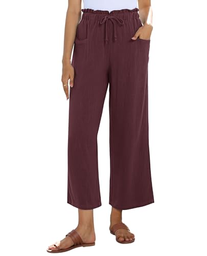 Image of siliteelon Wide Leg Linen Pants for Women Summer Capri Palazzo Flowy Pants Casual Loose High Waist Trousers with Pockets