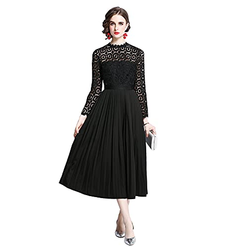 HAOKEKE Women s Long Sleeves Lace Formal Dress Solid Color Hollow Out Lace Chiffon Patchwork Pleated Maxi Dress Black