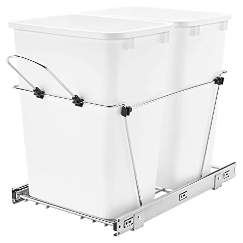 Rev-A-Shelf Double Pullout Trash Can for Kitchen Cabinets 35 Qt 12 Gallon Garbage Recycling Bin on Full-Extension Slides, White, RV-18KD-11C S Cover