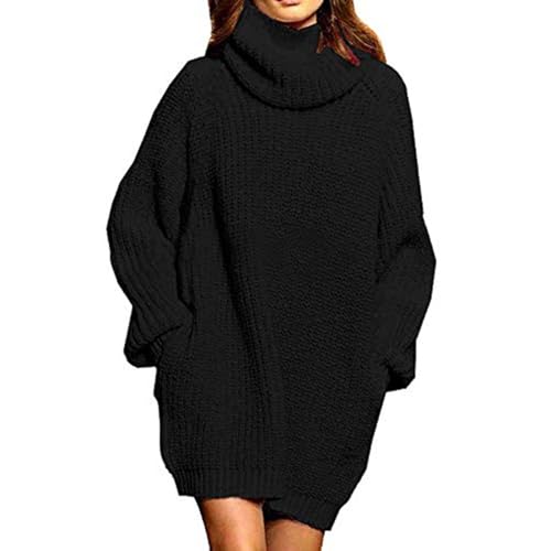 Damen Rollkragen Pulloverkleid Oversize Langarm Pullover Tops Strick Weich Casual Lose Lange Tunika Minikleider, Schwarz, X-Groß