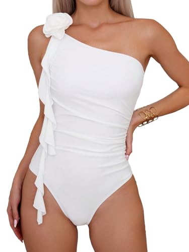 OYOANGLE Women's One Piece Swimsuit 3D Floral Appliques One Shoulder Ruffle Trim Ruched Bathing Suit Swimwear