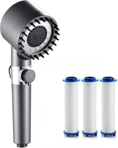 Pommeau de Douche Haute Pression, Pommeau Douche Economie Deau 4 Types de Jets Pommeau de Douche Anti Calcaire avec Tuyau Douche 1.5M et Support de Douche, avec Bouton D'arrêt D'eau, Gris