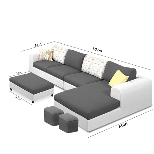 Image of Koza RHS 8 Seater L Shape Sofa Set with Center Table for Living Room (Black Grey Fabric) Premium Fabric Sofa