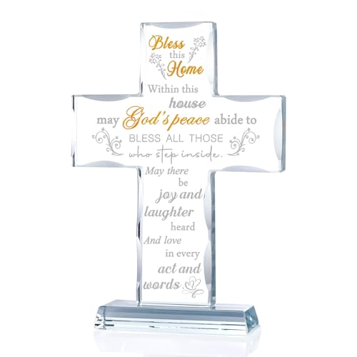 Ornalrist Housewarming Gifts New Home Glass Stand Cross Religious Keepsake, House Warming Gift for Couples, Women, Men - Christian Families Decor