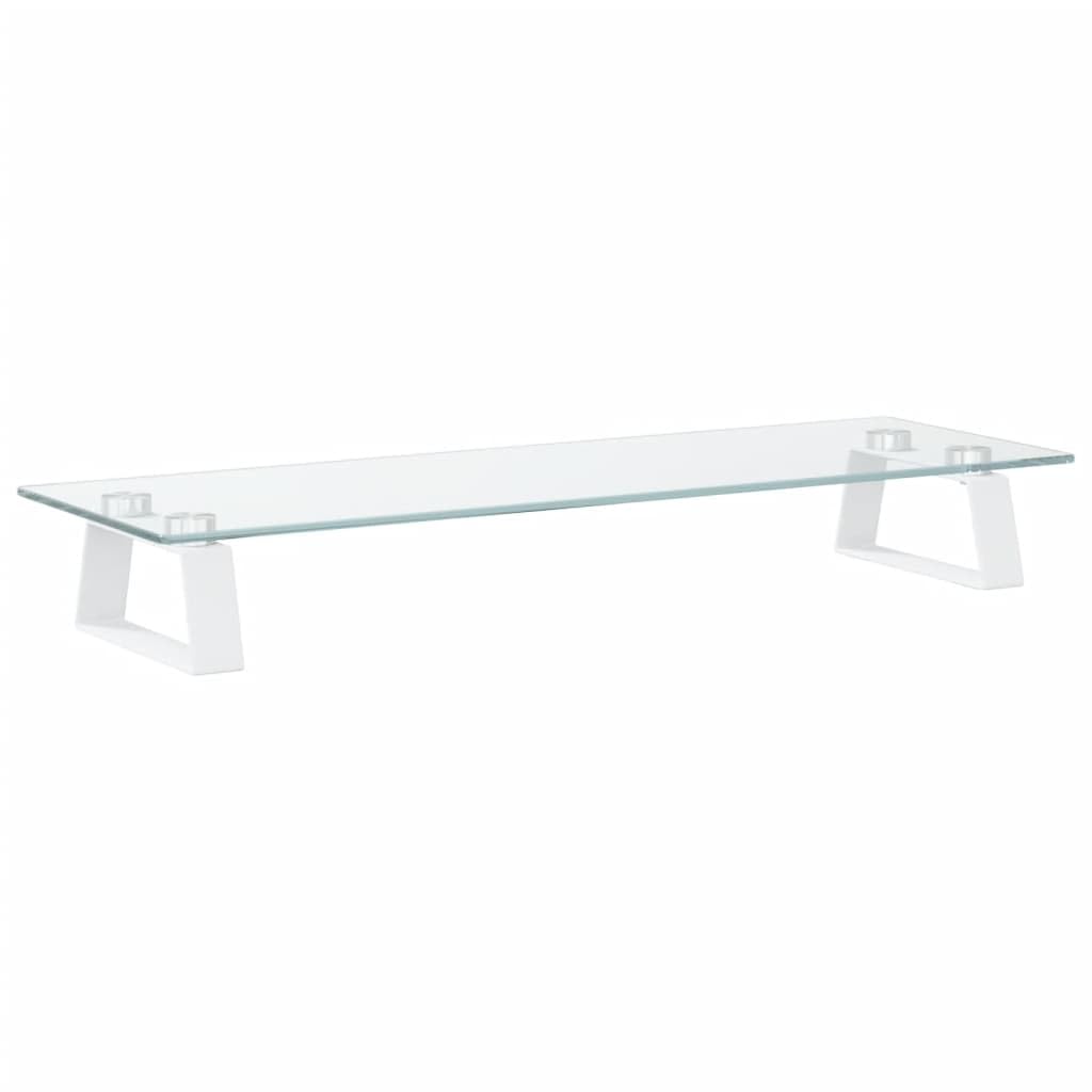 Supporto per monitor bianco, 60 x 20 x 8 cm, in vetro temperato e metallo, rialzo ergonomico per la scrivania, supporto per monitor con vano portaoggetti, spessore vetro 5 mm