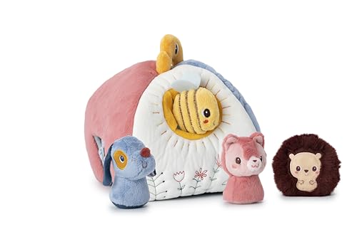 LILLIPUTIENS - Maison d'Activités en Tissu avec 4 Accessoires pour Bébés - Jouet Educatif avec 4 Hochets - 4 Sons - Jeu Cache-Cache et Manipulation - 23cm...