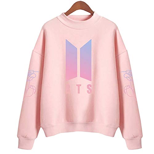 Delightry Kpop Women Round High Neck Printed Pullover Sweatshirts(S Pink1)