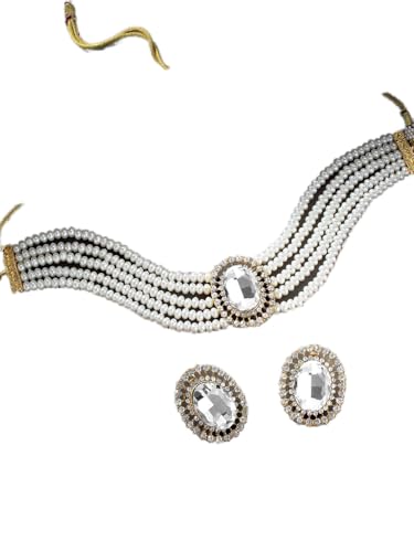 Collar de cuentas de piedra blanca con baño de oro ovalado DMZ-2411 de latón elegante