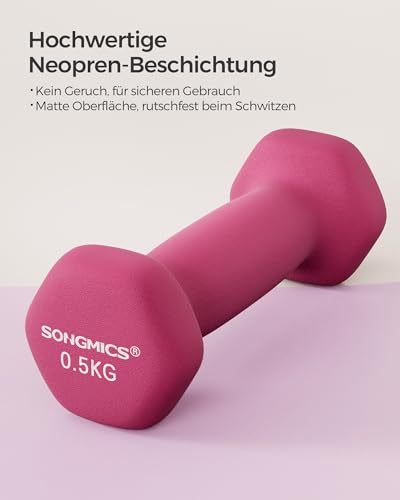 SONGMICS Hanteln 2er Set, 2 x 0,5 kg, Kurzhanteln mit matter Beschichtung aus Neopren, rutschfest, Fitness, Krafttraining, für Zuhause, Fitnessstudio, pink SYL61PK
