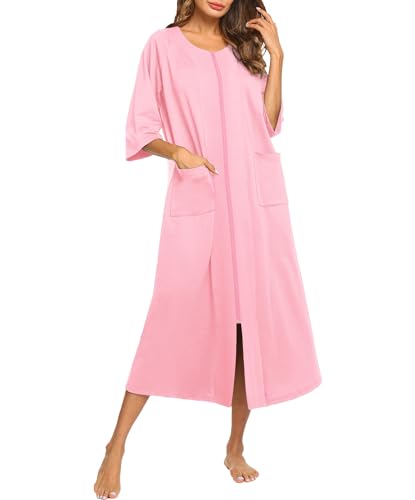 Ekouaer Robe for Women Zipper front Robes 3/4 Sleeve House Dress with Pockets Full Length Nightgown Housecoat,Pink Rose,L