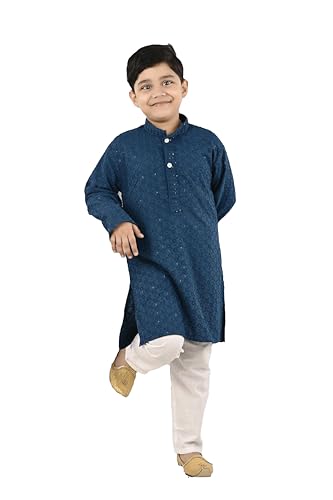 Image of Traditiona Kurta with White Pajama Set, Kids Ethnic Wear, Cotton Blend