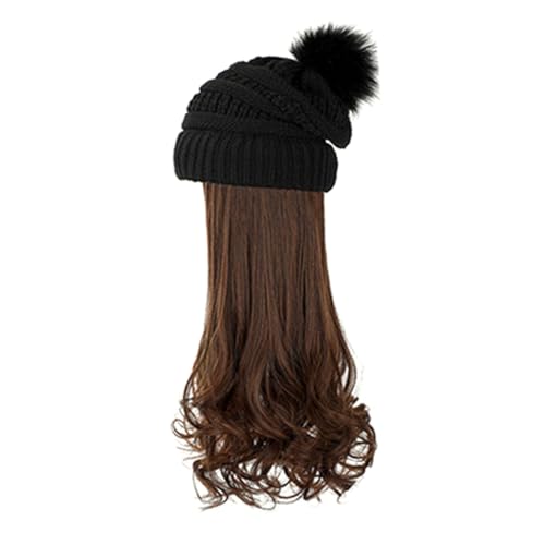 Bonnet tricoté noir avec postiche longue ondulée châtain pour femme