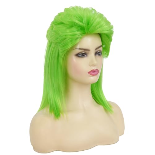 Image of Swiking Lime Green Mullet Wigs for Women 80s Hair Natural Layered Shoulder Length Straight Rocker Cosplay Costume Wigs
